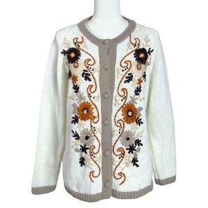 Vintage 70s Folk Art Cottage Cathy Embroidered Floral Cardigan Sweater Large